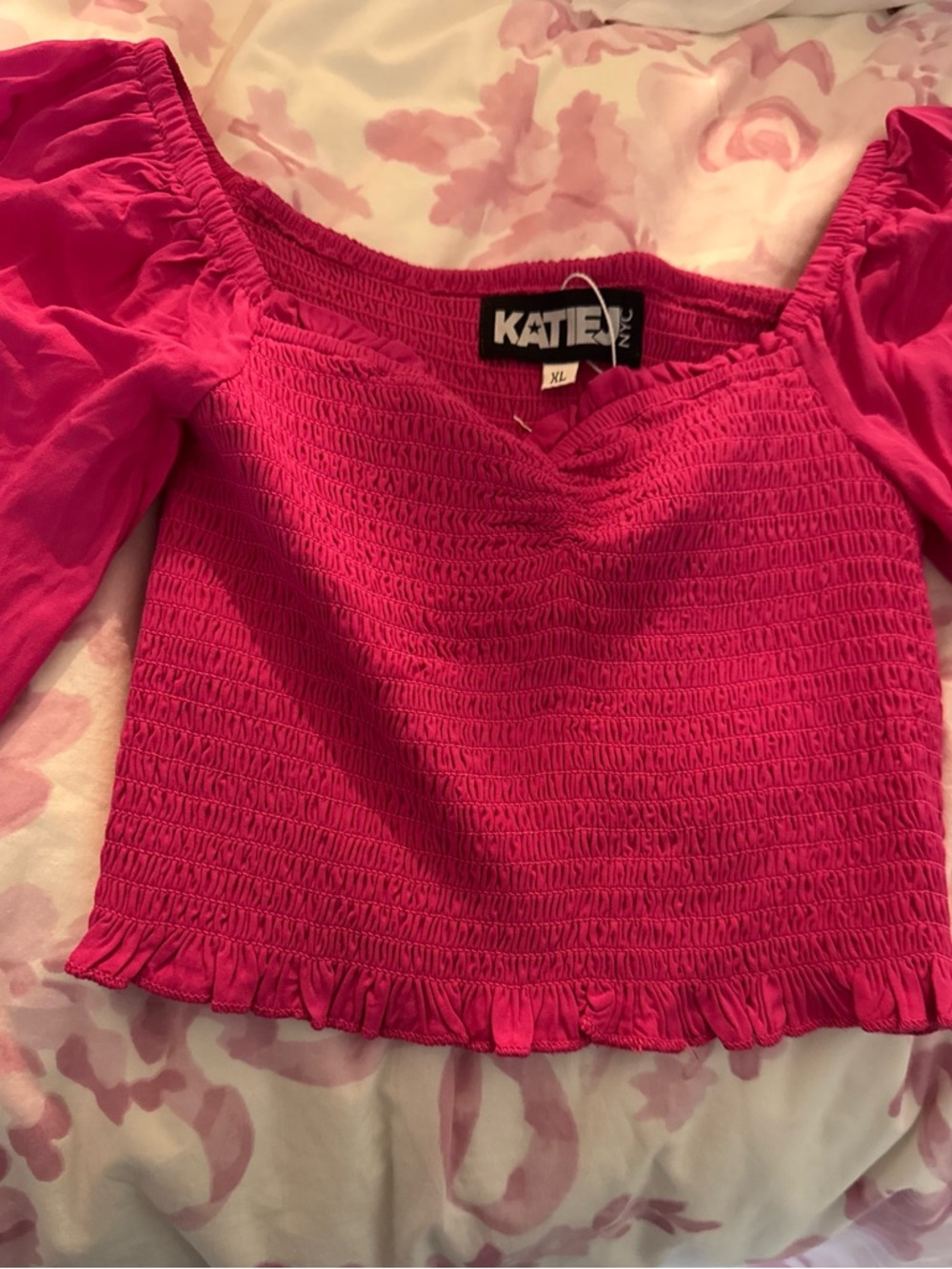 Katie J Girl's Hot Pink Smocked Puff Sleeve Top. Cropped
